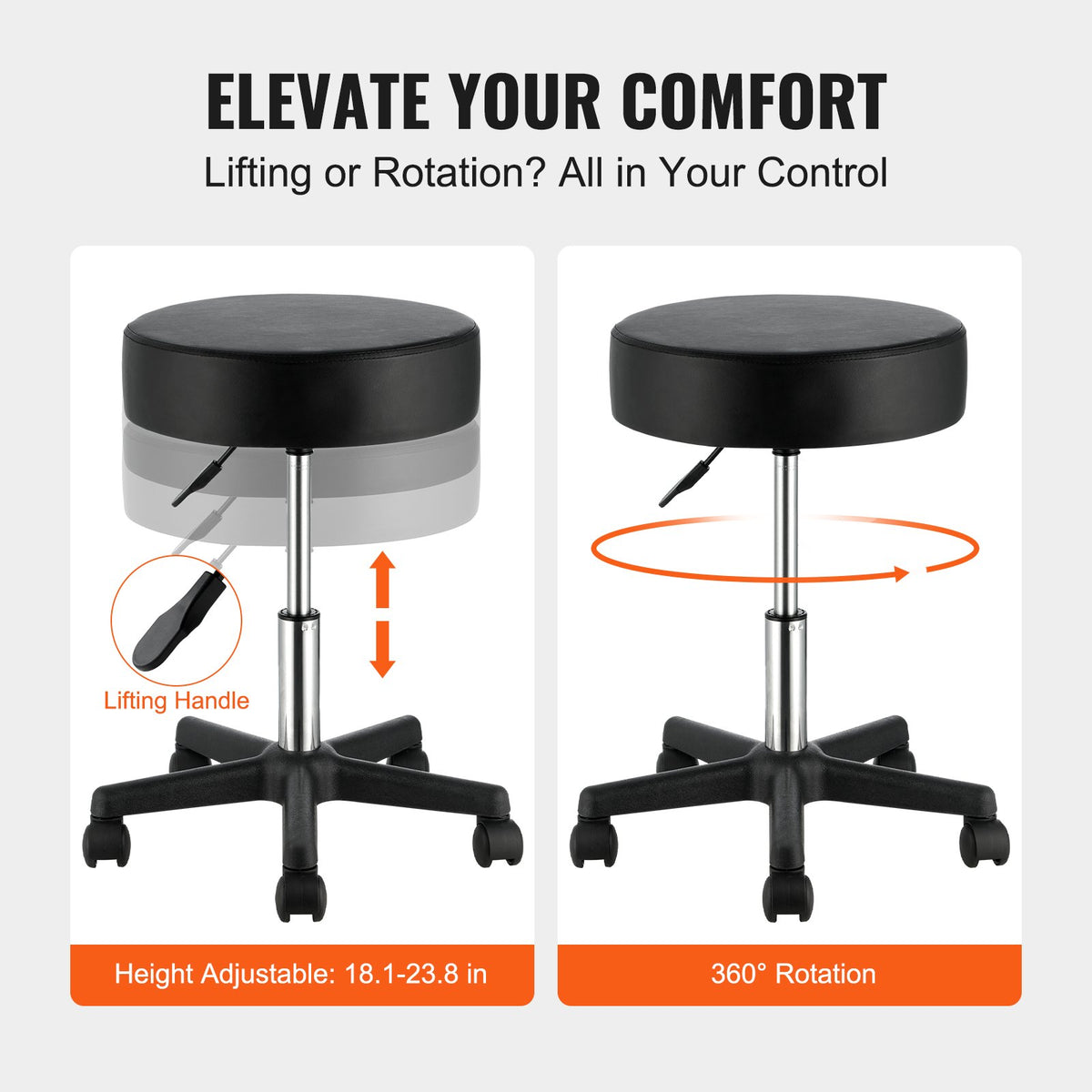 Rolling Stools with Wheels, 400 LBS Weight Capacity Adjustable Height Stool with Ultra-Thick Seat Cushion, Swivel Stools Chair for Salon, Bar, Home, Office, Tatoo, Medical, Massage, Black