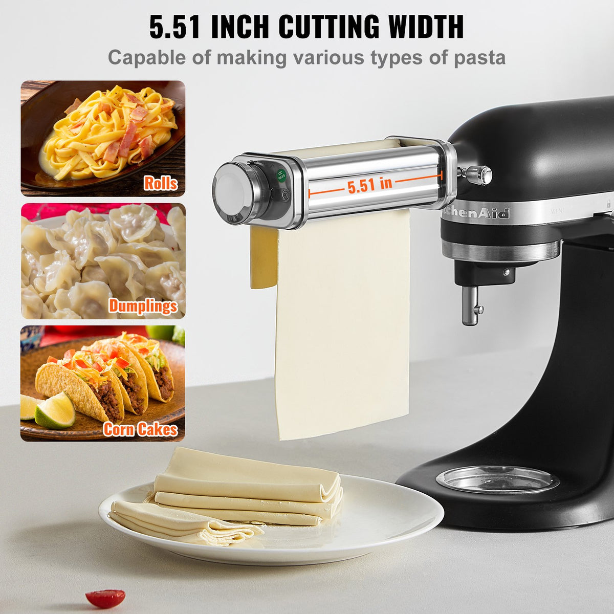 Pasta Attachment for KitchenAid Stand Mixer, Stainless Steel Pasta Sheet Roller Attachment, Pasta Maker Machine Accessory with 8 Adjustable Thickness Knob, KitchenAid Pasta Attachment by VEVOR