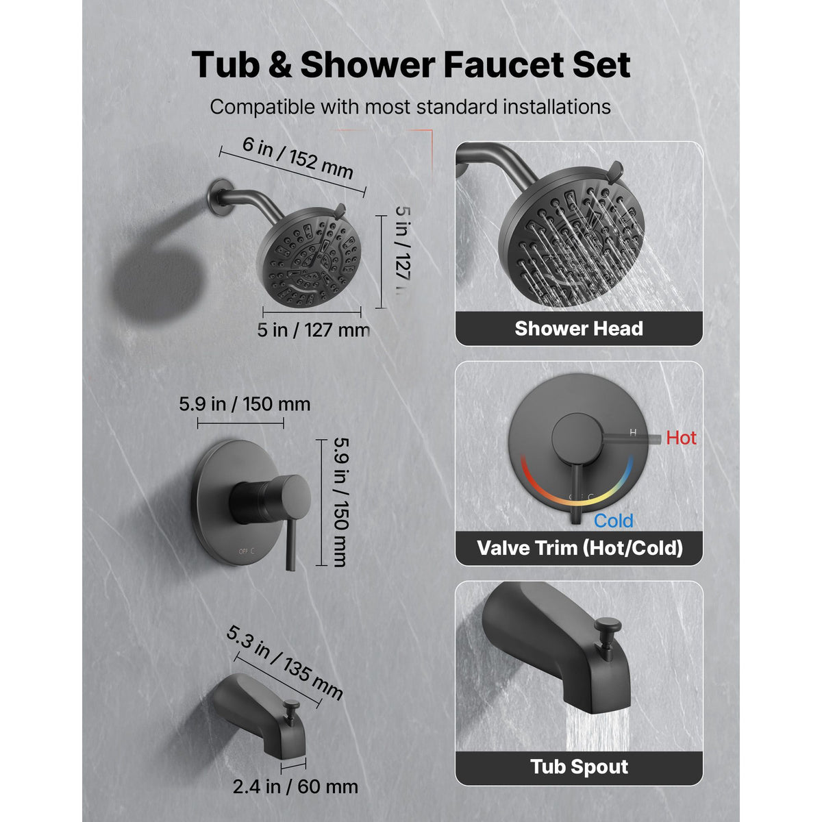 Tub and Shower Faucet Set, Complete with 127 mm Rainfall Shower Head and Bathtub Spout, 8-Setting Adjustable Spray, Single-Handle Tub Trim Kit with Brass Pressure Balancing Valve, Matte Black