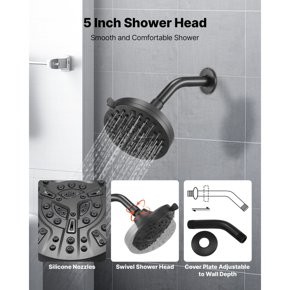 Tub and Shower Faucet Set, Complete with 127 mm Rainfall Shower Head and Bathtub Spout, 8-Setting Adjustable Spray, Single-Handle Tub Trim Kit with Brass Pressure Balancing Valve, Matte Black
