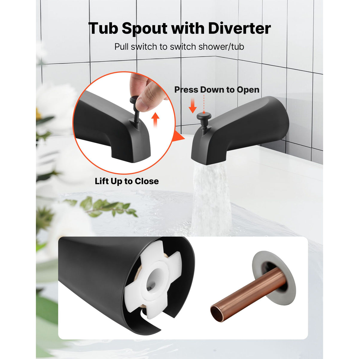Tub and Shower Faucet Set, Complete with 127 mm Rainfall Shower Head and Bathtub Spout, 8-Setting Adjustable Spray, Single-Handle Tub Trim Kit with Brass Pressure Balancing Valve, Matte Black