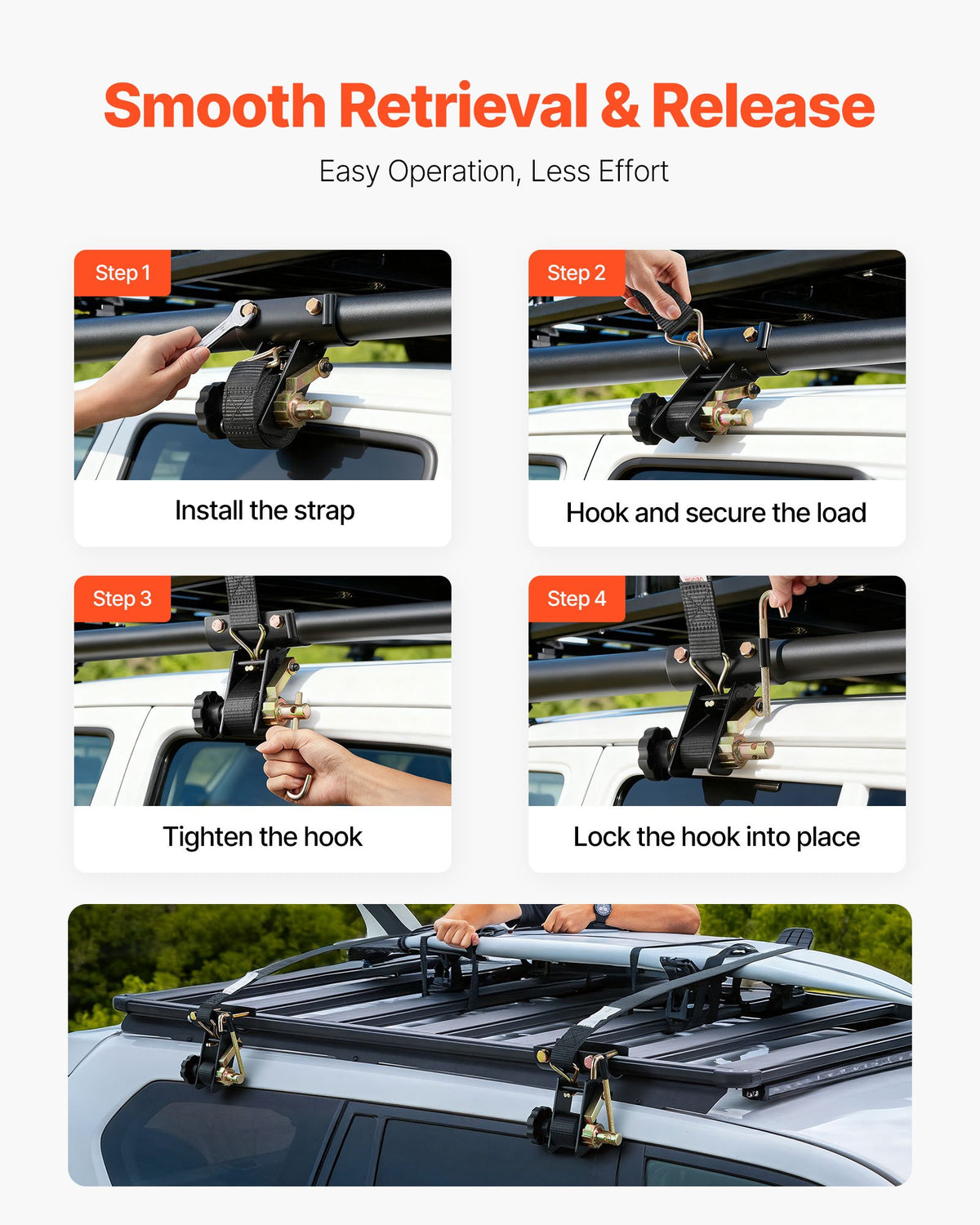 Ladder Rack Ratchet Straps, 47.6-50.8 mm Black Round Tube Mount, 38 mm Wide x 2.25 m Long Black Ladder Rack Straps with Double J-Hooks, 226.8 kg Load Heavy Duty, Cargo Buckle Lock Strap (4 Pack)