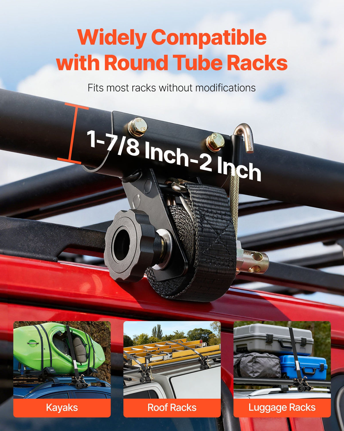 Ladder Rack Ratchet Straps, 47.6-50.8 mm Black Round Tube Mount, 38 mm Wide x 2.25 m Long Black Ladder Rack Straps with Double J-Hooks, 226.8 kg Load Heavy Duty, Cargo Buckle Lock Strap (4 Pack)