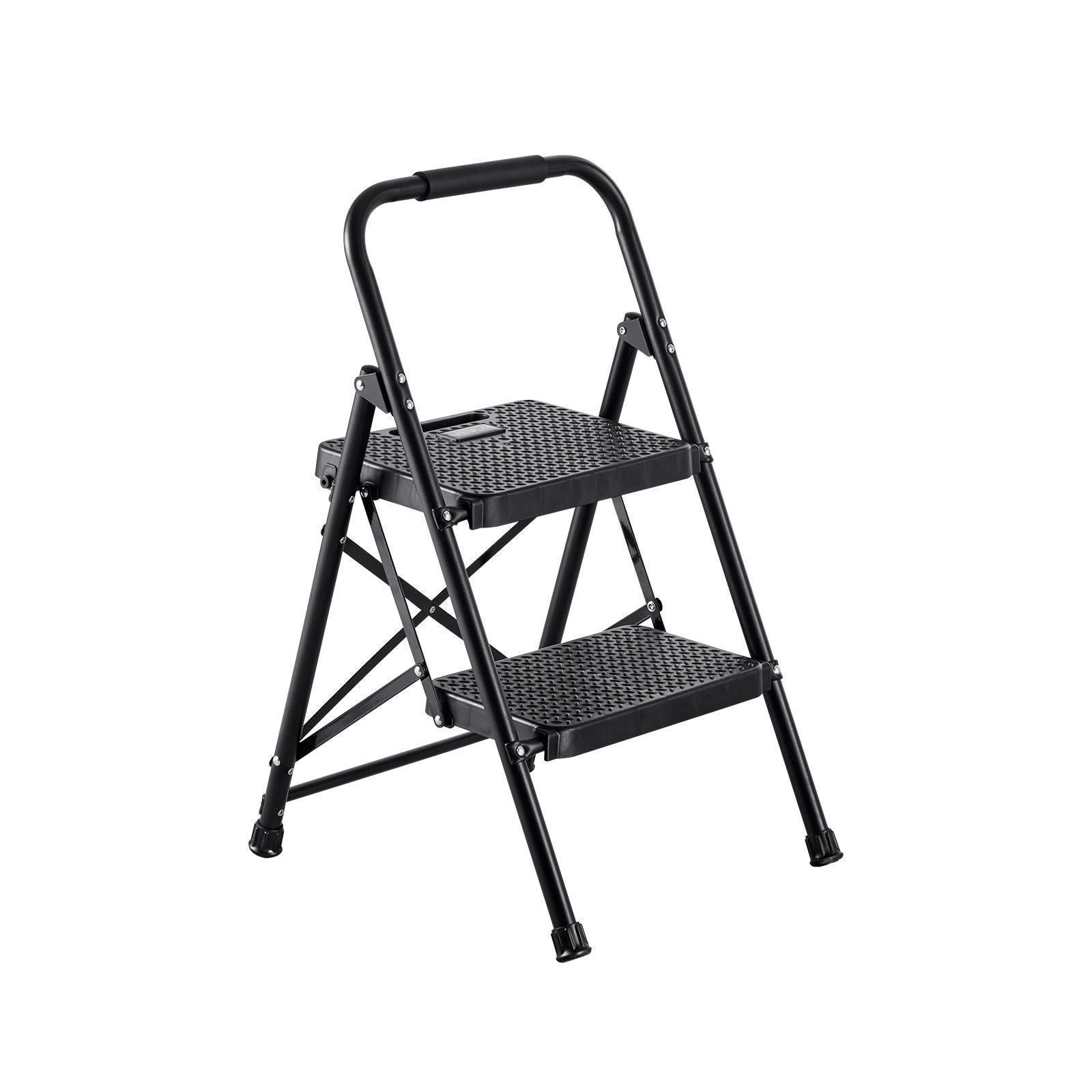 2 Step Ladder, Folding Step Stool with Wide Anti-Slip Pedal and Comfort Handgrip, Lightweight 272 kg Capacity Portable Steel Ladder, Multi-Use for Kitchen, Home, Household and Office, Black
