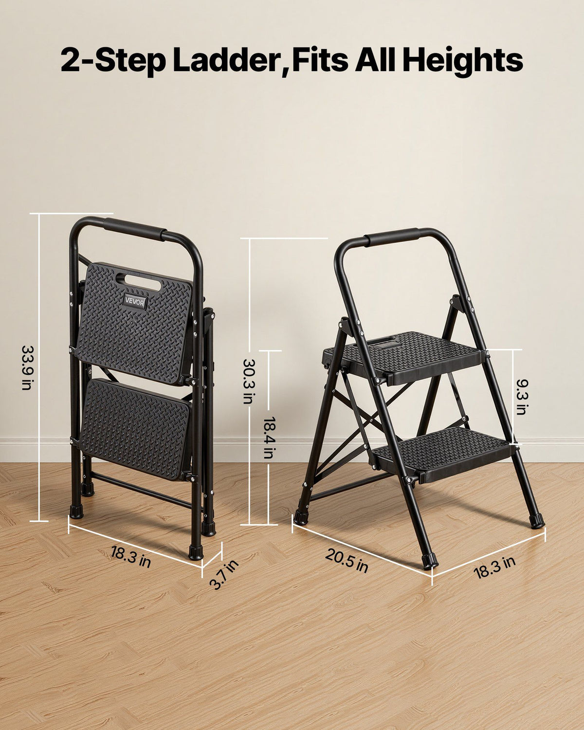2 Step Ladder, Folding Step Stool with Wide Anti-Slip Pedal and Comfort Handgrip, Lightweight 272 kg Capacity Portable Steel Ladder, Multi-Use for Kitchen, Home, Household and Office, Black