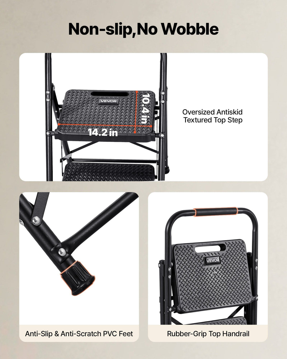 2 Step Ladder, Folding Step Stool with Wide Anti-Slip Pedal and Comfort Handgrip, Lightweight 272 kg Capacity Portable Steel Ladder, Multi-Use for Kitchen, Home, Household and Office, Black