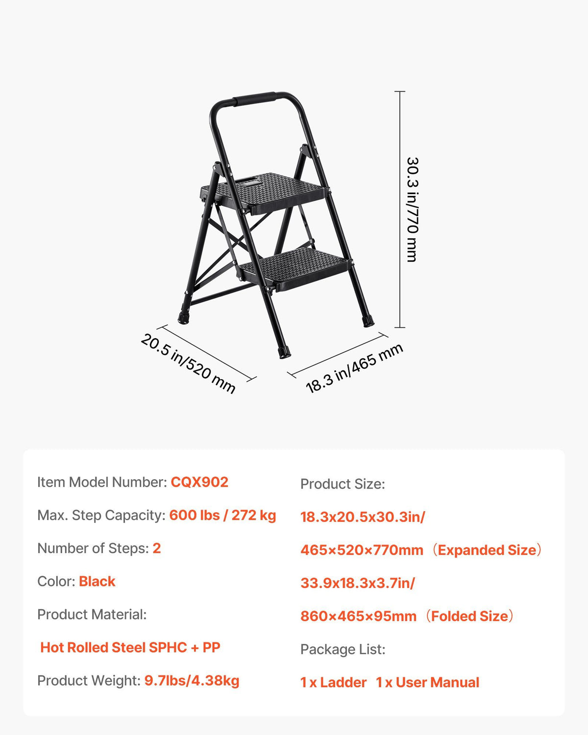 2 Step Ladder, Folding Step Stool with Wide Anti-Slip Pedal and Comfort Handgrip, Lightweight 272 kg Capacity Portable Steel Ladder, Multi-Use for Kitchen, Home, Household and Office, Black