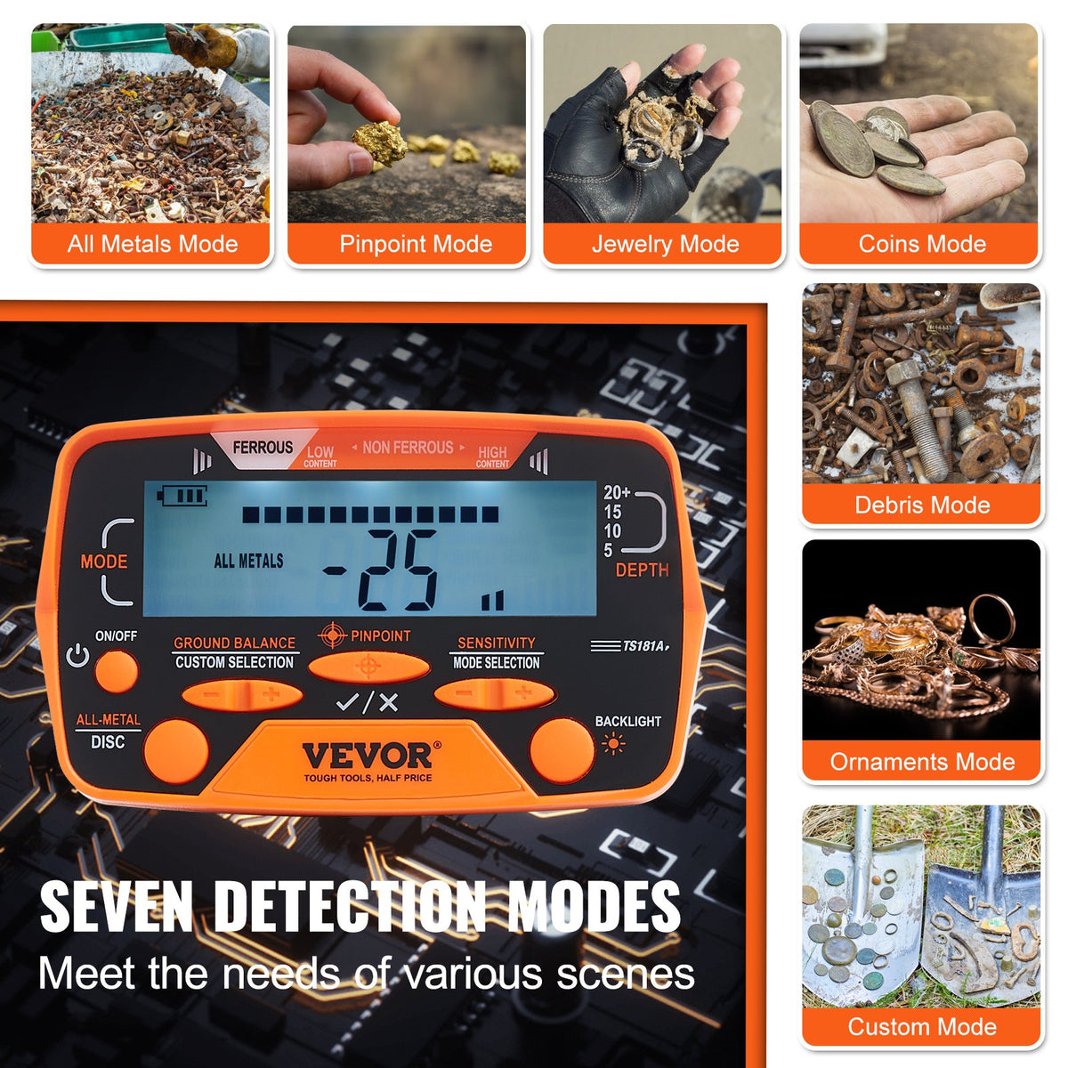 Metal Detector for Adults&Kids, 250mm, Professional Adjustable Higher Accuracy Gold Detector, IP68 Waterproof Coil with LCD Display 7 Modes Advanced DSP Chip, for Detecting Gold Treasure Hunting