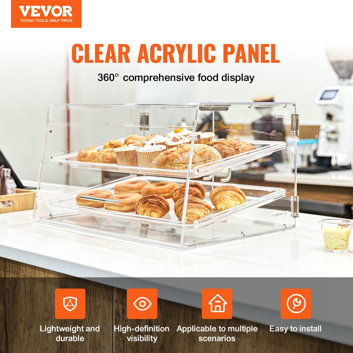 Pastry Display Case, 2-Tier Commercial Countertop Bakery Display Case, Acrylic Display Box with Rear Door Access & Removable Shelves, Keep Fresh for Donut Bagels Cake Cookie