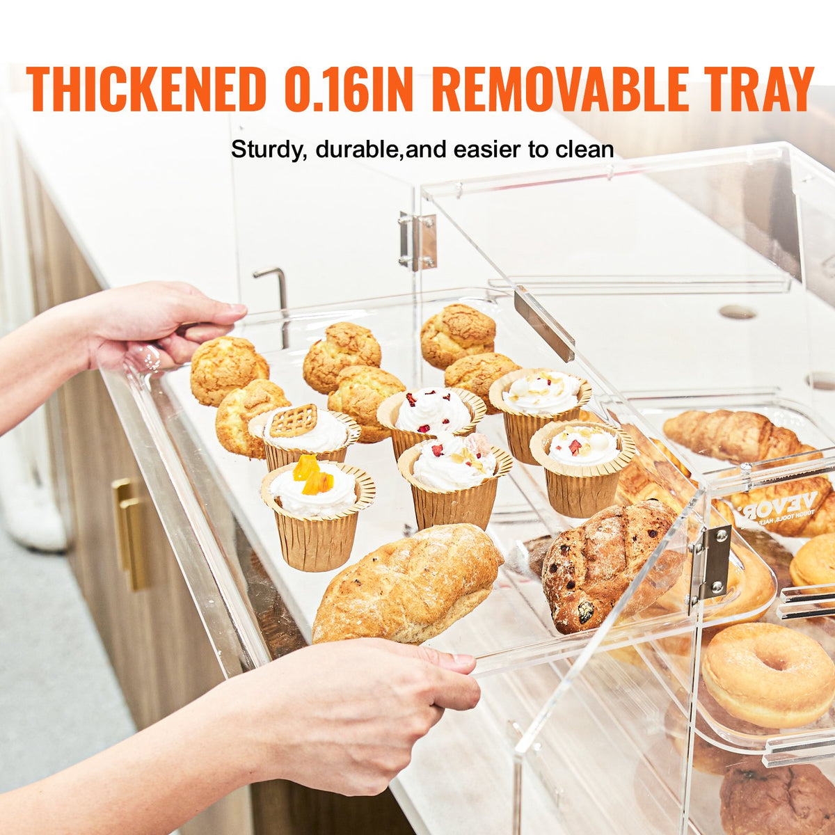 Pastry Display Case, 2-Tier Commercial Countertop Bakery Display Case, Acrylic Display Box with Rear Door Access & Removable Shelves, Keep Fresh for Donut Bagels Cake Cookie