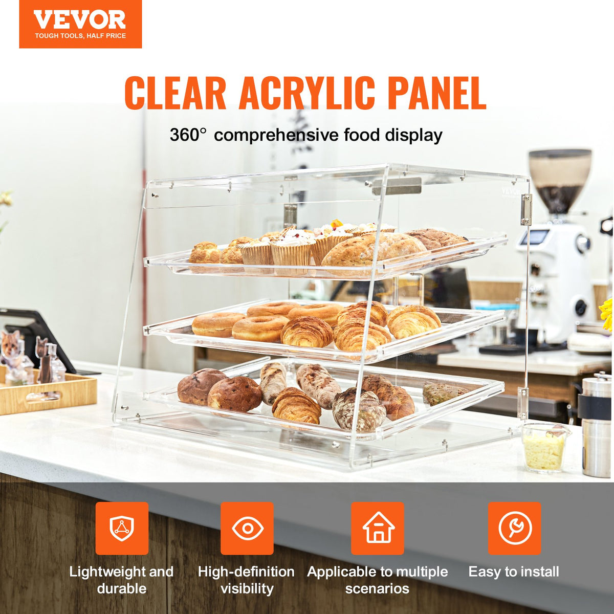 Pastry Display Case, 3-Tier Commercial Countertop Bakery Display Case, Acrylic Display Box with Rear Door Access & Removable Shelves, Keep Fresh for Donut Bagels Cake Cookie