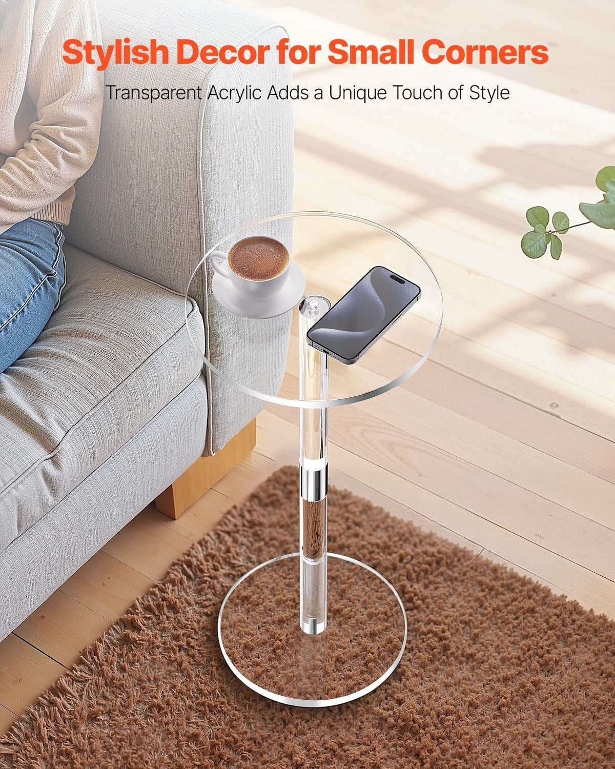 Acrylic Drink Table, Clear End Table Round Top with Solid Post, Modern Acrylic Cake Table Stand, Transparent Side Desk for Coffee, Drink, Food, Snack, Easy Assembly, 25.4 x 25.4 x 54 cm (Clear)