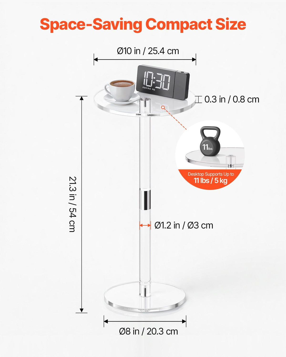 Acrylic Drink Table, Clear End Table Round Top with Solid Post, Modern Acrylic Cake Table Stand, Transparent Side Desk for Coffee, Drink, Food, Snack, Easy Assembly, 25.4 x 25.4 x 54 cm (Clear)