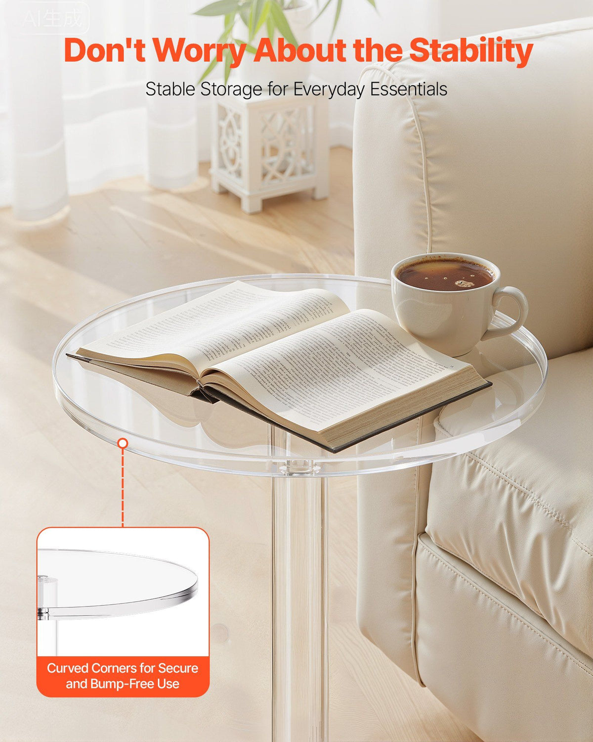 Acrylic Drink Table, Clear End Table Round Top with Solid Post, Modern Acrylic Cake Table Stand, Transparent Side Desk for Coffee, Drink, Food, Snack, Easy Assembly, 25.4 x 25.4 x 54 cm (Clear)