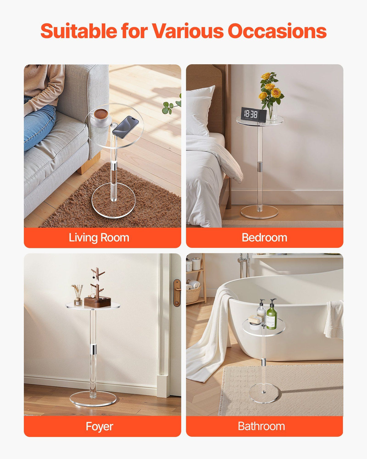 Acrylic Drink Table, Clear End Table Round Top with Solid Post, Modern Acrylic Cake Table Stand, Transparent Side Desk for Coffee, Drink, Food, Snack, Easy Assembly, 25.4 x 25.4 x 54 cm (Clear)
