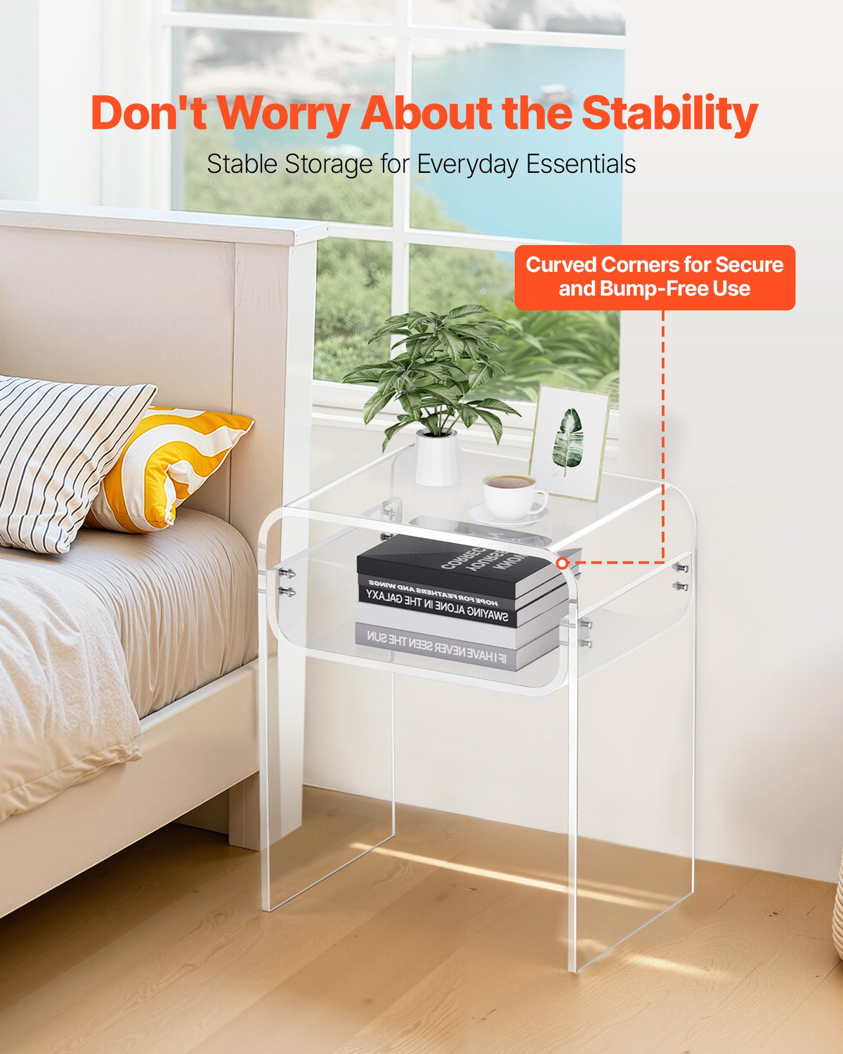 Acrylic Side Table, 2 Tiers Clear Bedside Table with Storage Shelf, Modern Rectangle Acrylic End Desk, Transparent Thick Nightstand for Bedroom, Living Room, Study, 30 x 40 x 50 cm (Clear)