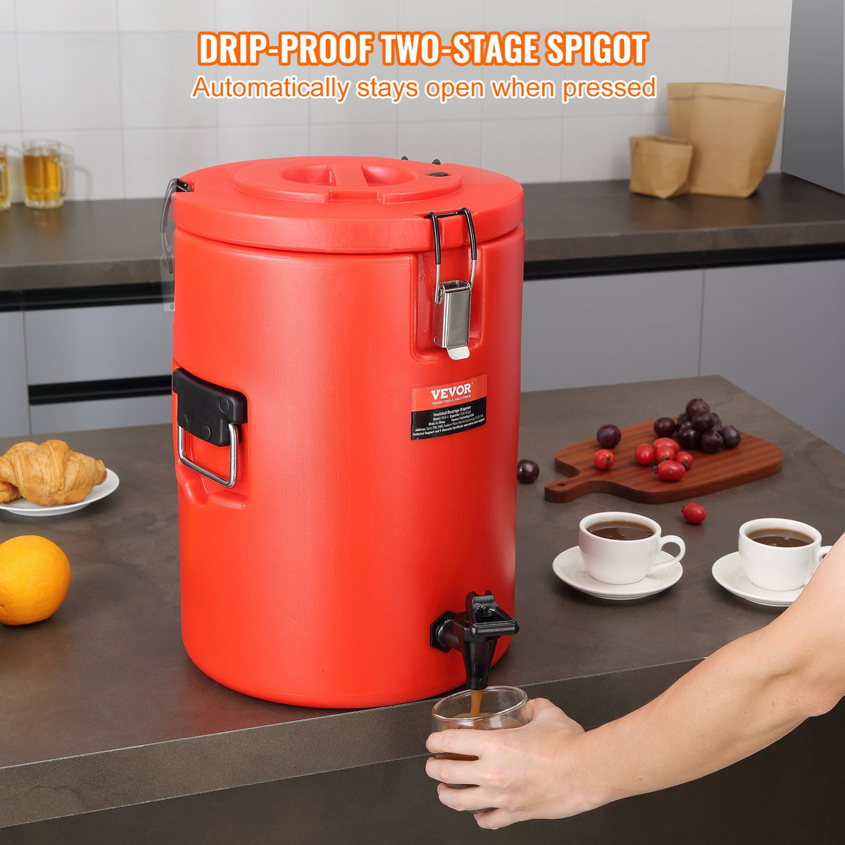 Stainless Steel Insulated Beverage Dispenser, 17.2 Liter, Thermal Hot and Cold Drink Server Dispenser with Spigot Handle, Food-grade for Hot Tea Coffee Water Restaurant Drink Shop