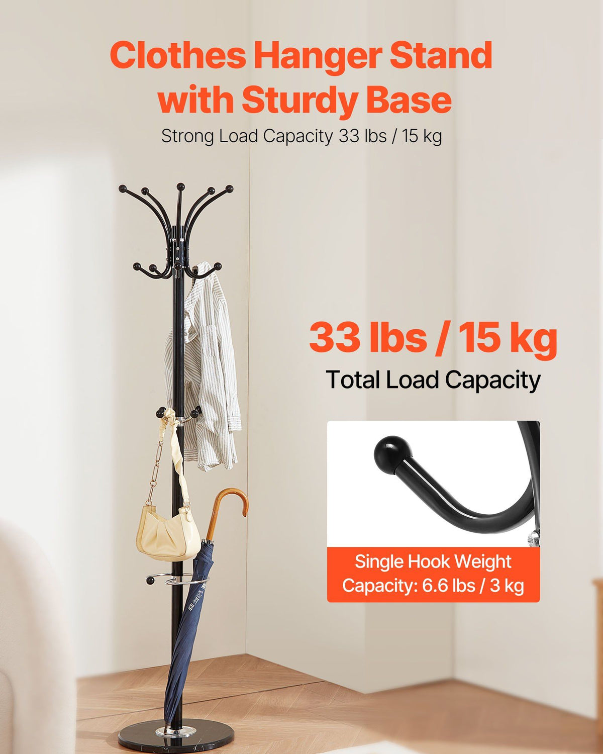 Freestanding Coat Rack, Metal Coats Rack Stand with Umbrella Holder, Stable Marble Base & 14 Hooks, Hall Coat Tree for Entryway, Bedroom, Living Room, Stylish Coats Hanger for Hats, Scarves, Bag