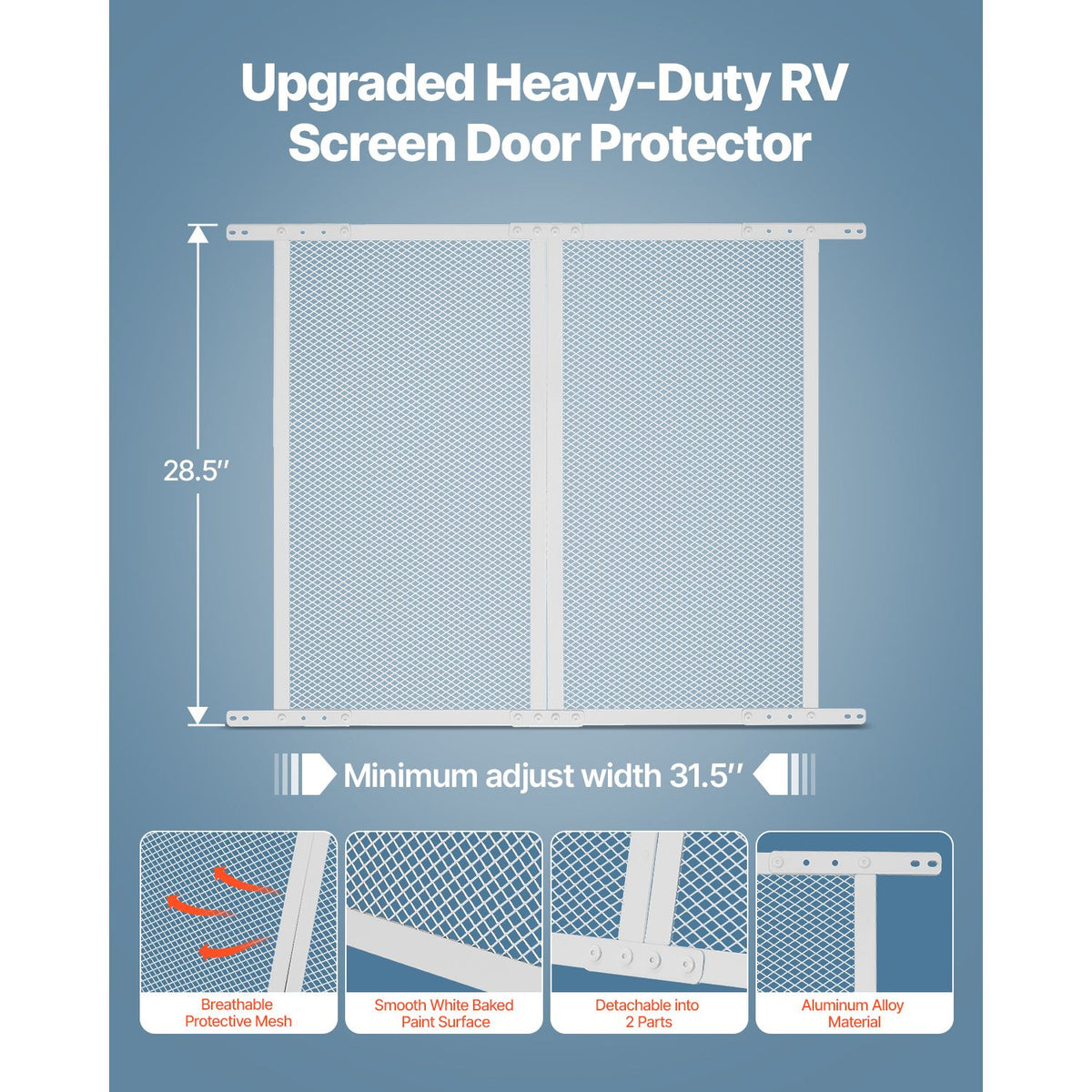 RV Screen Door Protector, 800 x 723.9 mm Door Grille, Easy to Install and Disassemble, Reinforced Breathable Protective Mesh, Aluminum Alloy Camper RV Entry Protector for Pet Protection, White