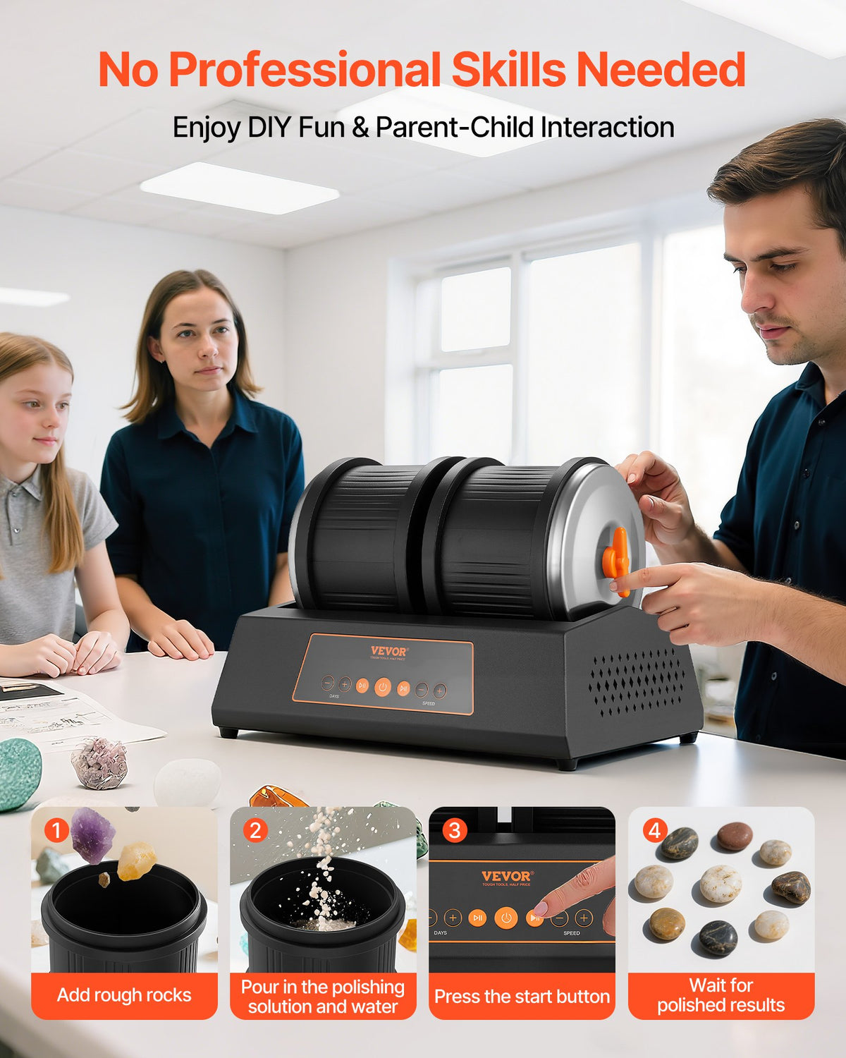 Rock Tumbler Kit, 8 lbs Rock Polishing Kit, 4 Speed Settings 9-Day Polishing Timer Stone Polishing Kit, Double Barrel Rock Polisher with Adapter, Rock Polisher for Adults and Kids