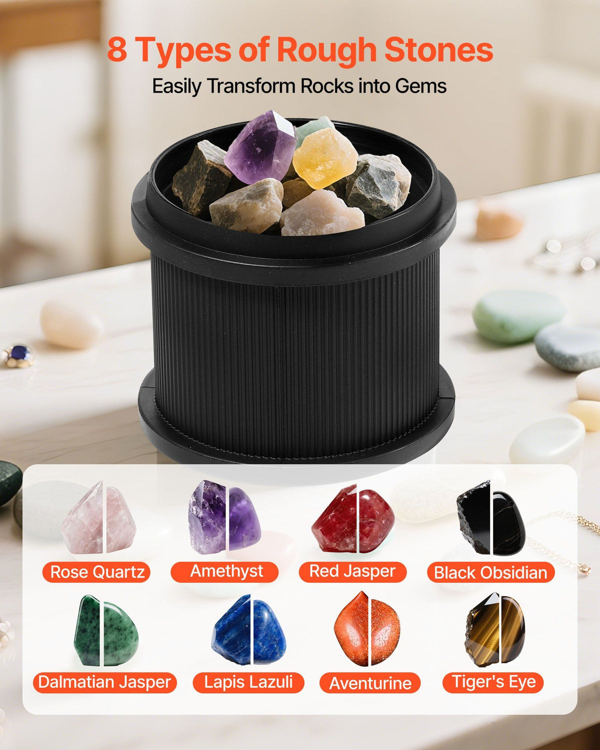 Rock Tumbler, 0.45kg Rock Polishing Machine, Rocks Tumbling Kit with 4-Speed Adjustment, 1–9 Day Timer, Direct Drive Motor Rocks Polishing Kit for Rose Quartz, Amethyst, Red Jasper, Lapis Lazuli