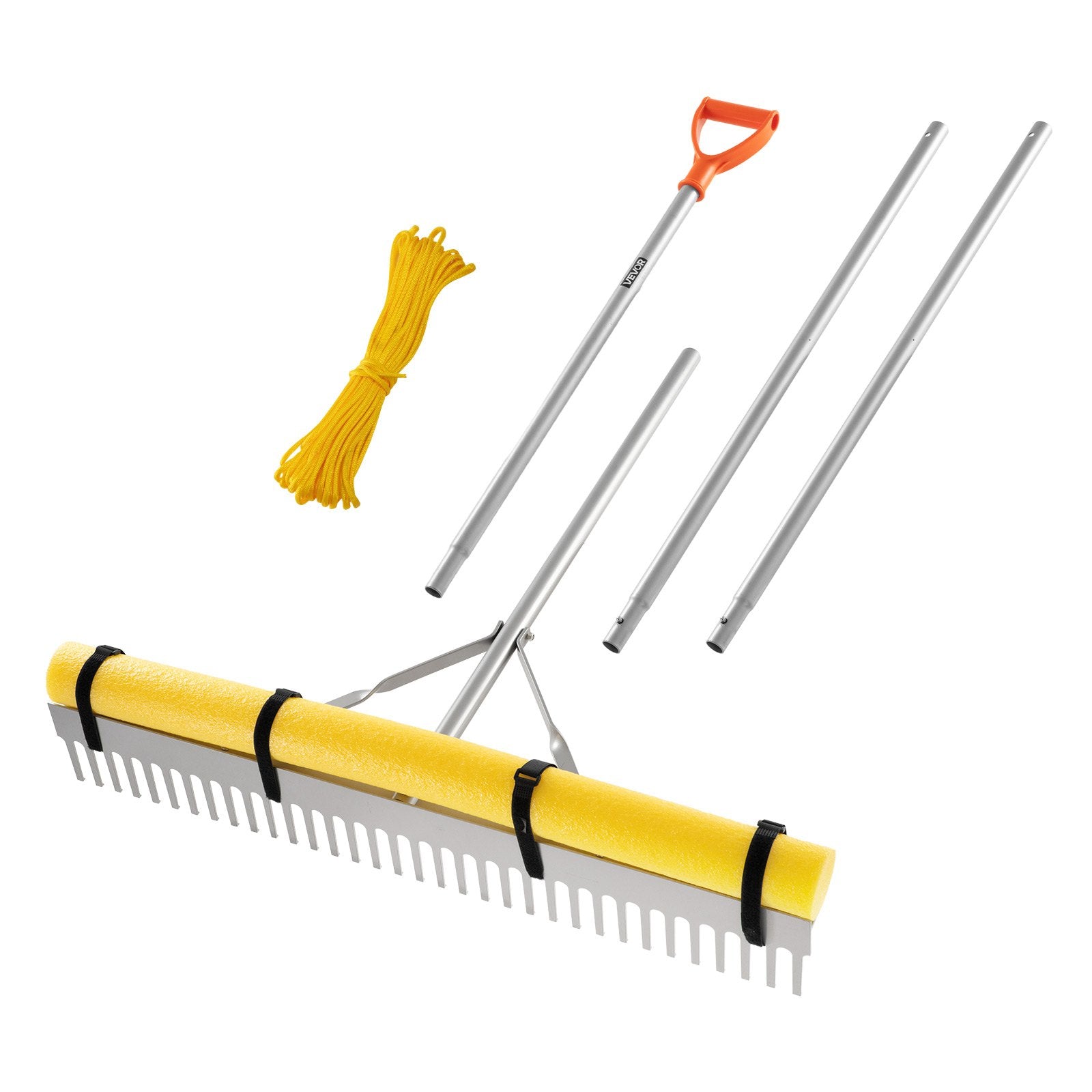 Landscape Rake, 914 mm Wide Head 3380 mm Handle, Large Heavy Duty Aluminum Landscaping Leaf Rake Tool, Asphalt Level for Loosening Soil, Garden & Yard, Pond Gravel & Beach Lawn Care, 15.8m Rope