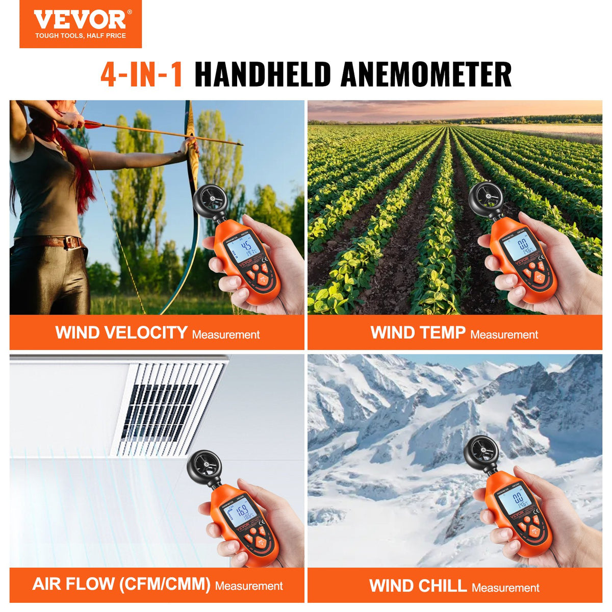 Handheld Anemometer, -10℃ to 45℃, Digital Wind Speed Meter Gauge with LED Backlight Screen, Measures Wind Velocity Wind Temperature Air Flow Wind Chill, for Sailing Surfing Drone Flying HVAC