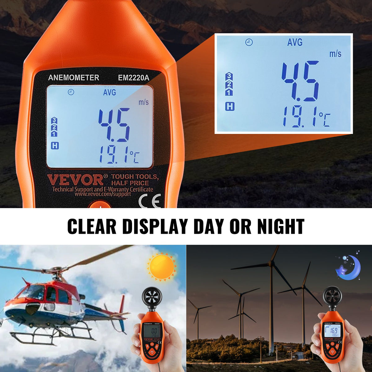Handheld Anemometer, -10℃ to 45℃, Digital Wind Speed Meter Gauge with LED Backlight Screen, Measures Wind Velocity Wind Temperature Air Flow Wind Chill, for Sailing Surfing Drone Flying HVAC