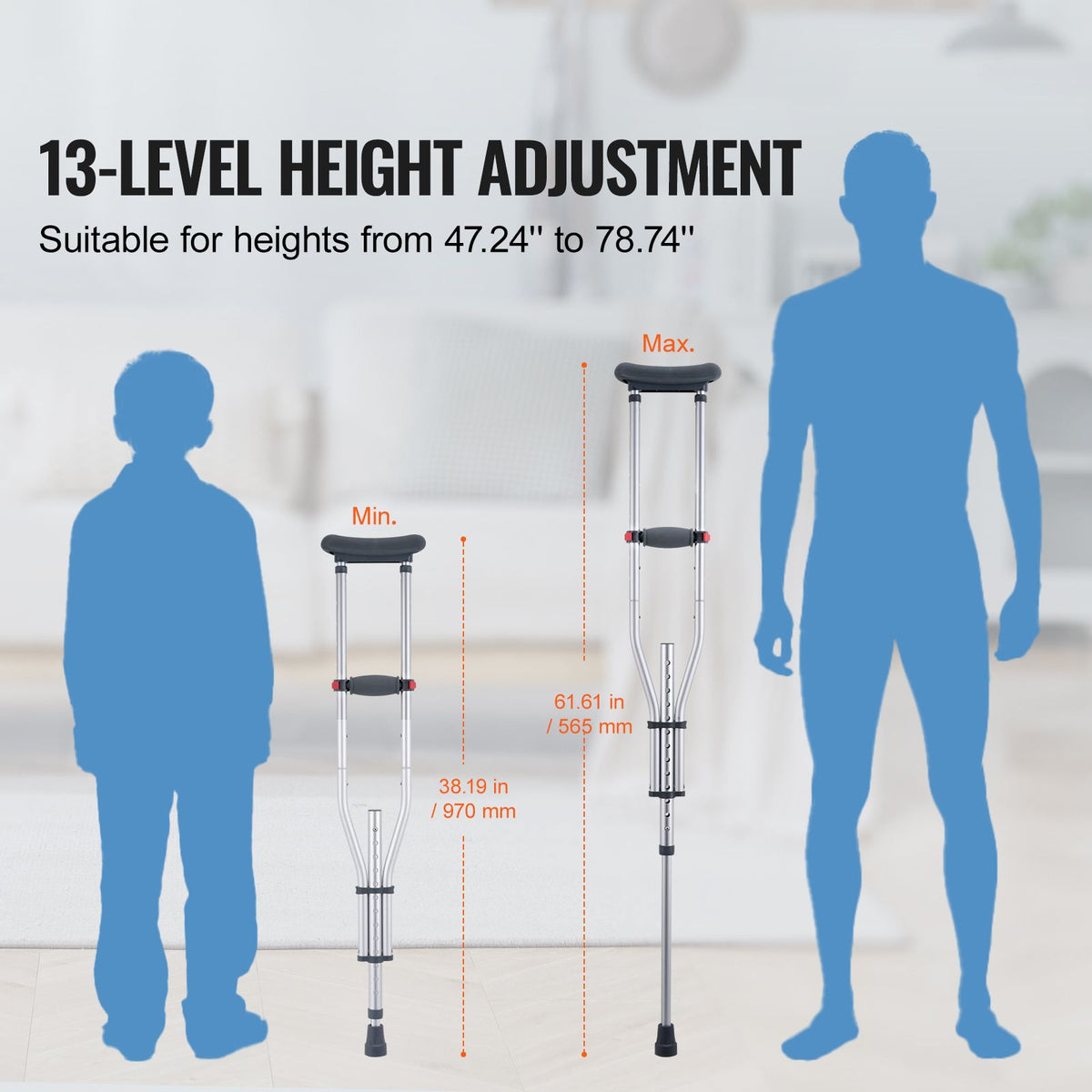 Underarm Crutches, 13-Level Height Adjustable Underarm Walking Crutches, Lightweight Aluminum Crutches for Adults Teenager - with Soft Underarm Pad for Leg Injury Surgery Disabled, 1 Pair 300LBS