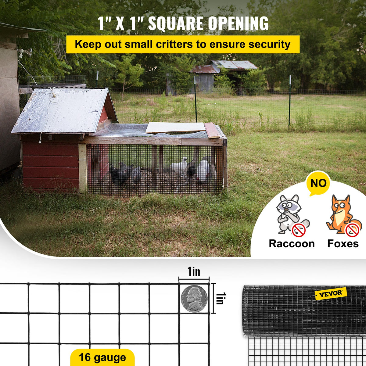 Hardware Cloth, 24\" x50\' & 1\"x1\" Mesh Size, Galvanized Steel Vinyl Coated 16 Gauge Welded Wire with A Cutting Plier & A Pair of Fabric Gloves, for Garden Fencing & Pet Enclosures, Black