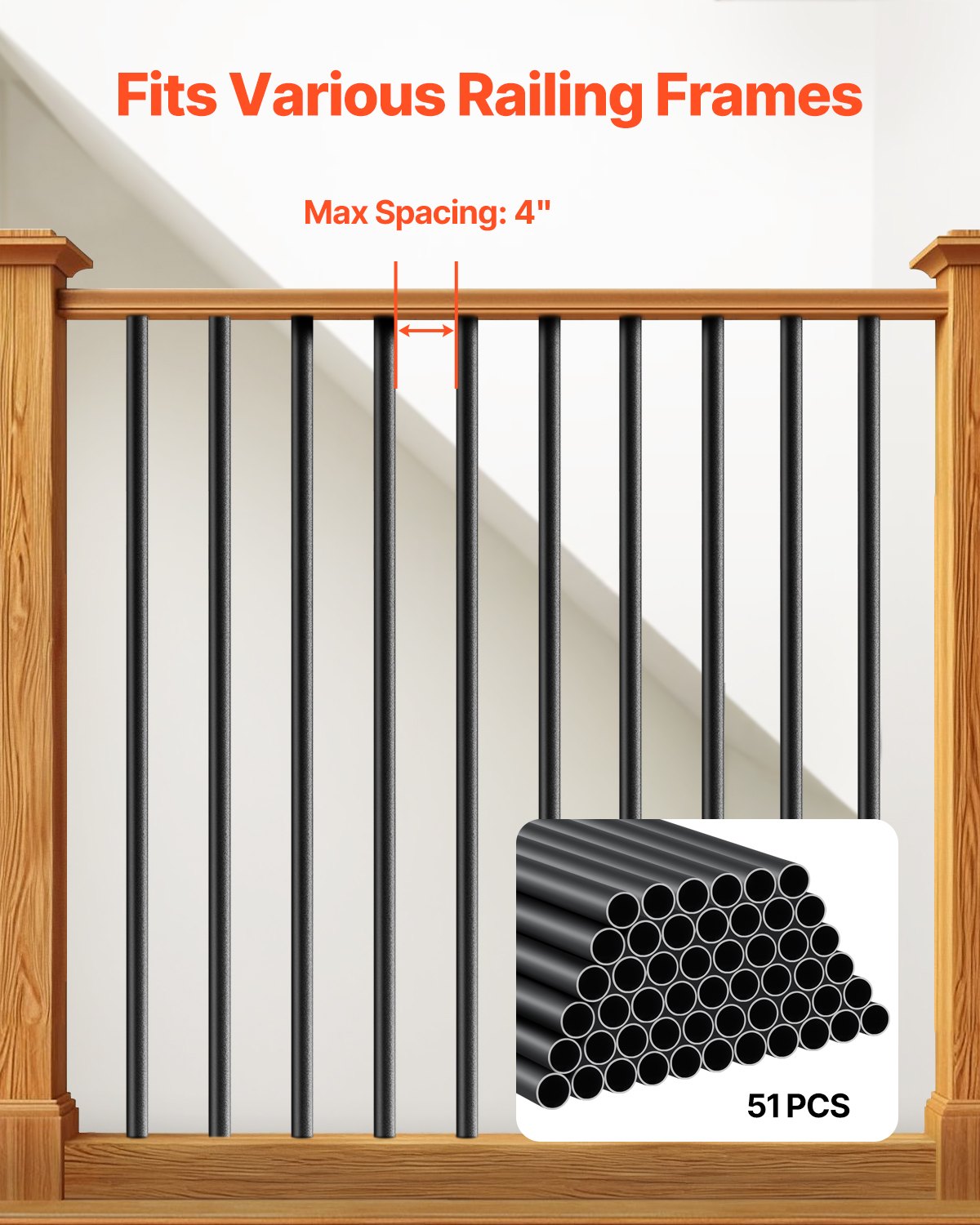 Staircase Balusters 51 Pack, 813 mm Aluminum Stair Balusters, 19 mm Water-Proof Round Metal Spindle Railing, Hollow Deck Railing with Rail Caps & Screws for Stairs, Porch, Patio, Matte Black