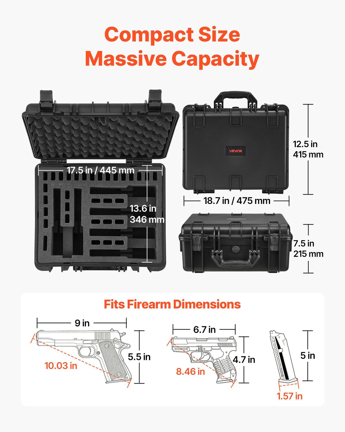 Hard Pistol Case, Heavy Duty Hard Gun Case with XPE Foam Interior, Waterproof Pistol Storage Box with Customizable Lining & Handle for Gun, Lenses, Camera, Gear, TSA Compliant, 475x415x215 mm