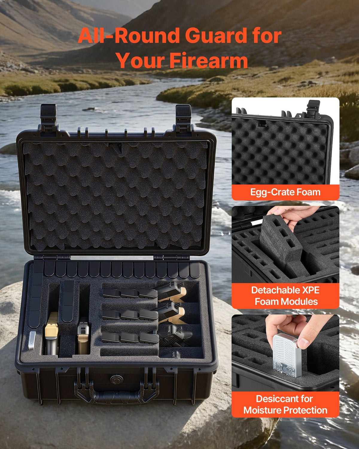 Hard Pistol Case, Heavy Duty Hard Gun Case with XPE Foam Interior, Waterproof Pistol Storage Box with Customizable Lining & Handle for Gun, Lenses, Camera, Gear, TSA Compliant, 475x415x215 mm