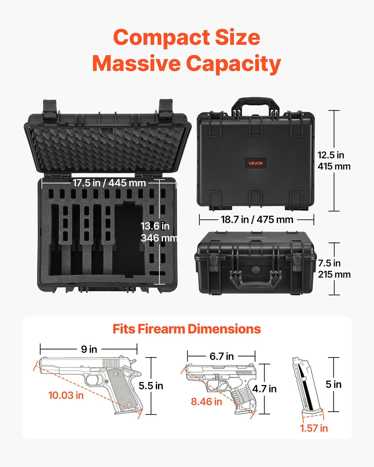 Hard Pistol Case, Heavy Duty Hard Gun Case with XPE Foam Lining, Waterproof Pistol Storage Box with Customizable Interior & Handle for Gun, Lenses, Camera, Gear, TSA Compliant, 475x415x215 mm