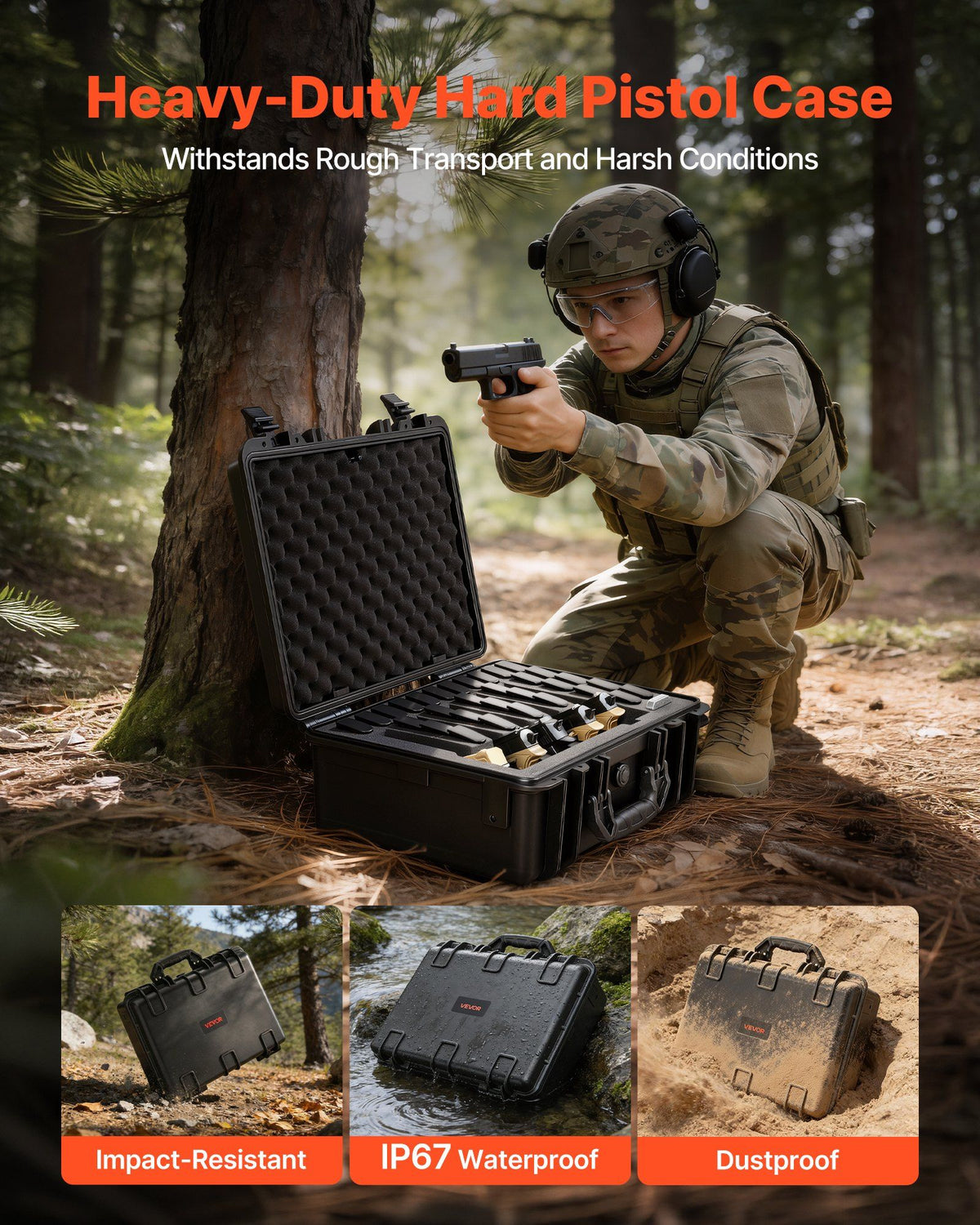 Hard Pistol Case, Heavy Duty Hard Gun Case with XPE Foam Lining, Waterproof Pistol Storage Box with Customizable Interior & Handle for Gun, Lenses, Camera, Gear, TSA Compliant, 475x415x215 mm