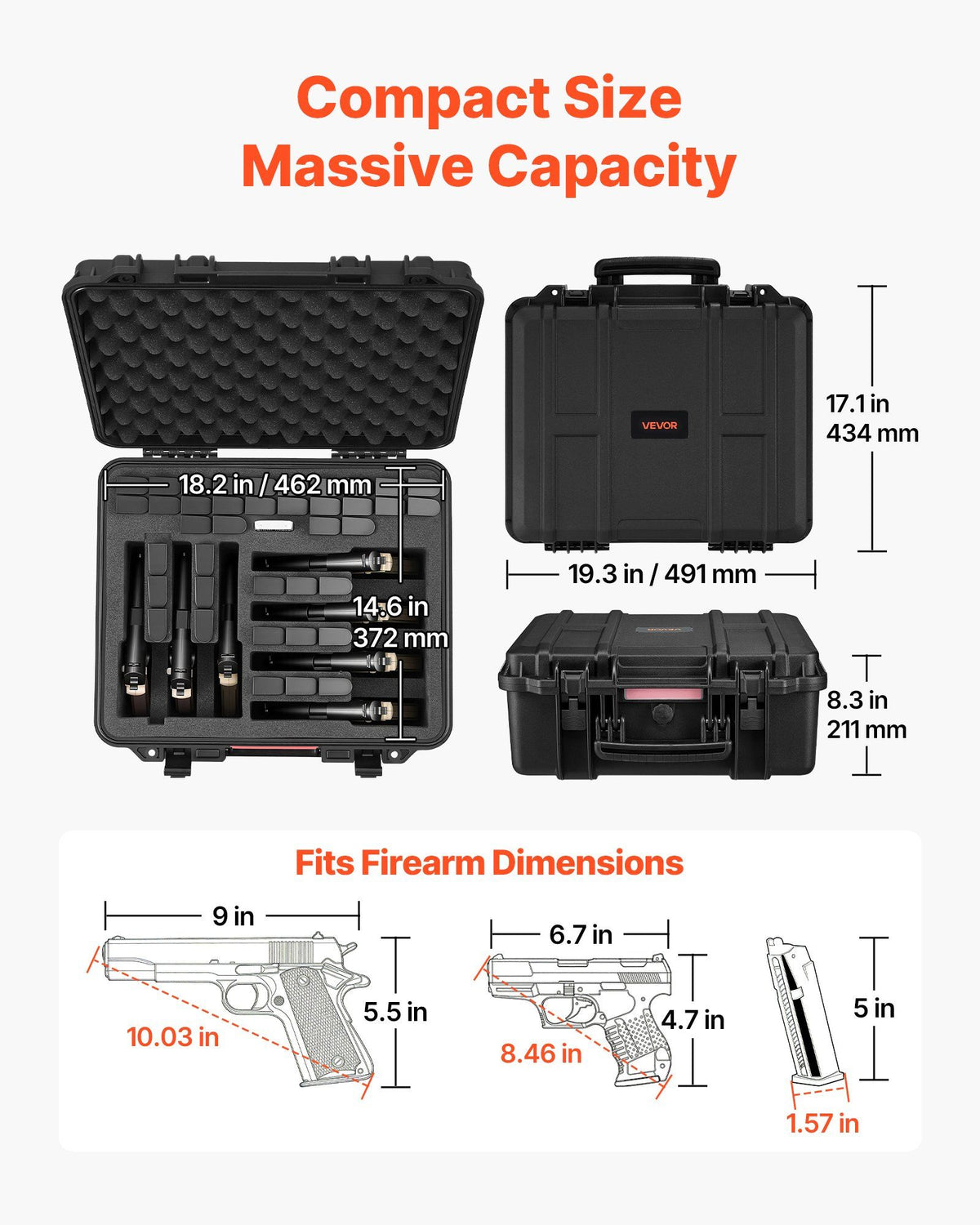 Hard Pistol Case, Heavy Duty Hard Gun Case with XPE Foam Lining, Waterproof Pistol Storage Box with Customizable Interior & Handle for Gun, Lenses, Camera, Gear, TSA Compliant, 491x434x211 mm
