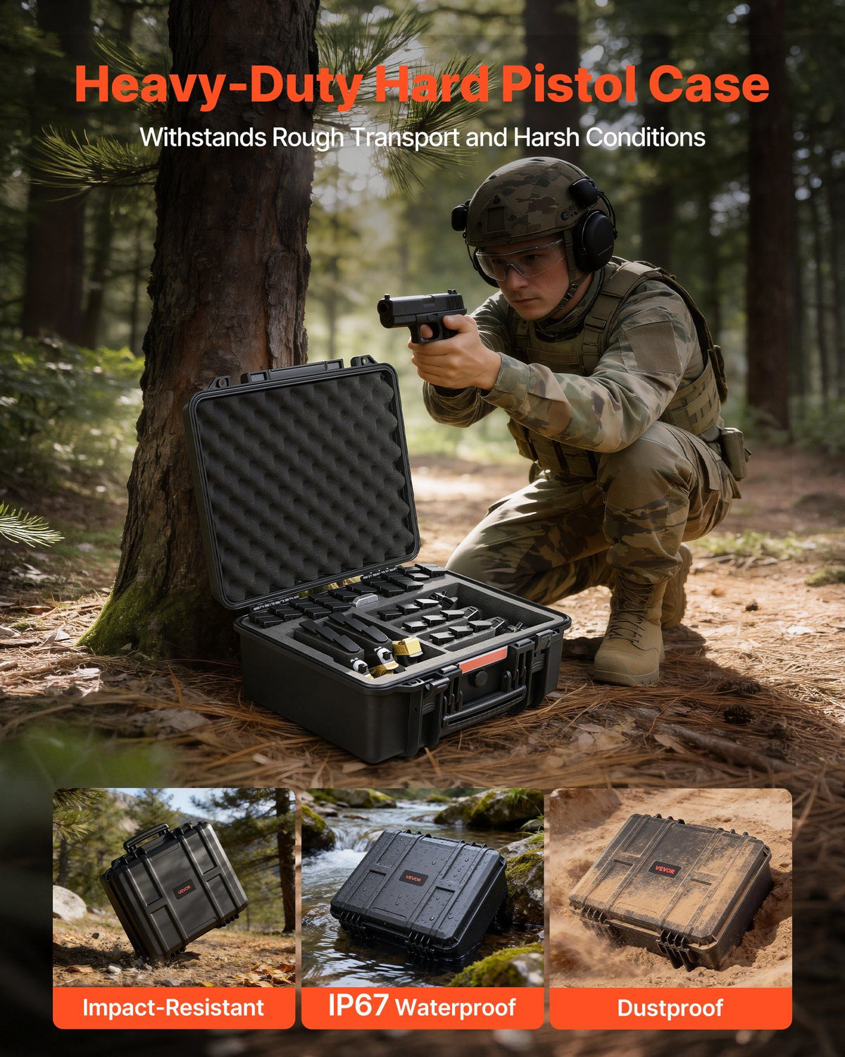 Hard Pistol Case, Heavy Duty Hard Gun Case with XPE Foam Lining, Waterproof Pistol Storage Box with Customizable Interior & Handle for Gun, Lenses, Camera, Gear, TSA Compliant, 491x434x211 mm