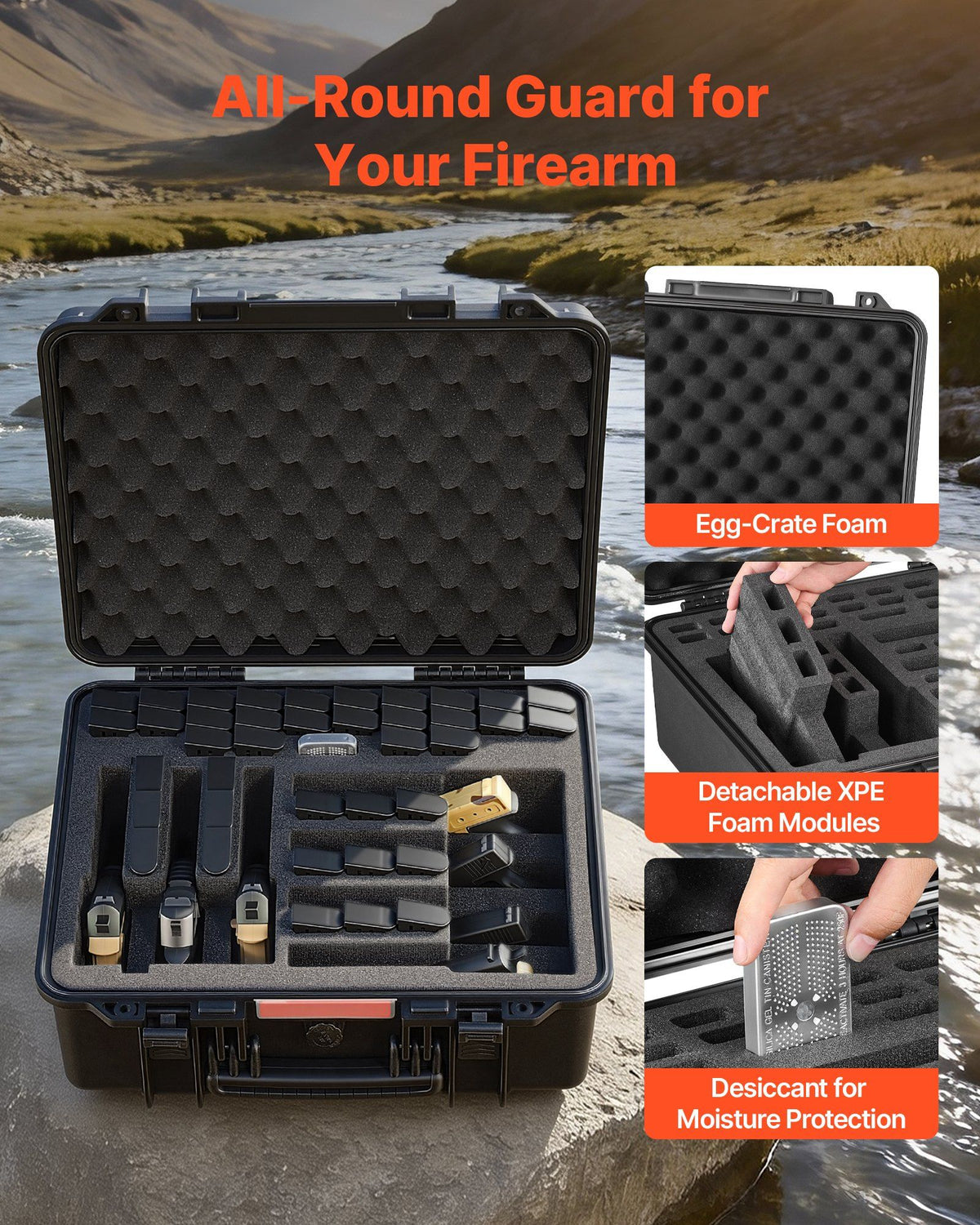 Hard Pistol Case, Heavy Duty Hard Gun Case with XPE Foam Lining, Waterproof Pistol Storage Box with Customizable Interior & Handle for Gun, Lenses, Camera, Gear, TSA Compliant, 491x434x211 mm