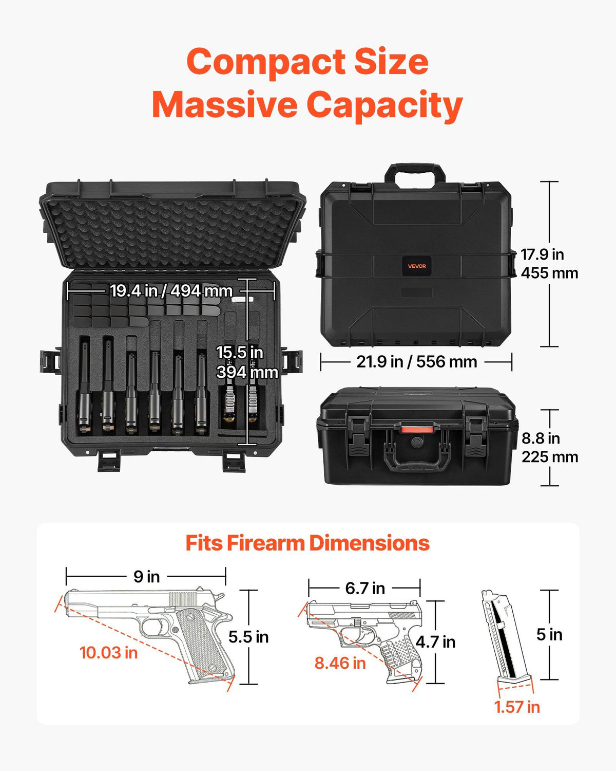 Hard Pistol Case, Heavy Duty Hard Gun Case with XPE Foam Lining, Waterproof Pistol Storage Box with Customizable Interior & Handle for Gun, Lenses, Camera, Gear, TSA Compliant, 556x455x225 mm