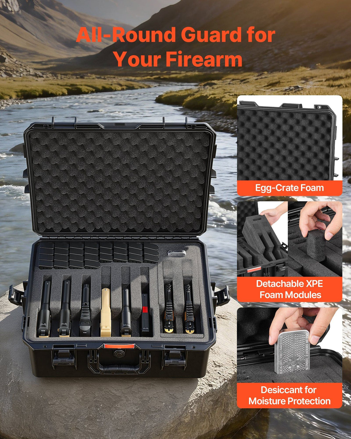 Hard Pistol Case, Heavy Duty Hard Gun Case with XPE Foam Lining, Waterproof Pistol Storage Box with Customizable Interior & Handle for Gun, Lenses, Camera, Gear, TSA Compliant, 556x455x225 mm