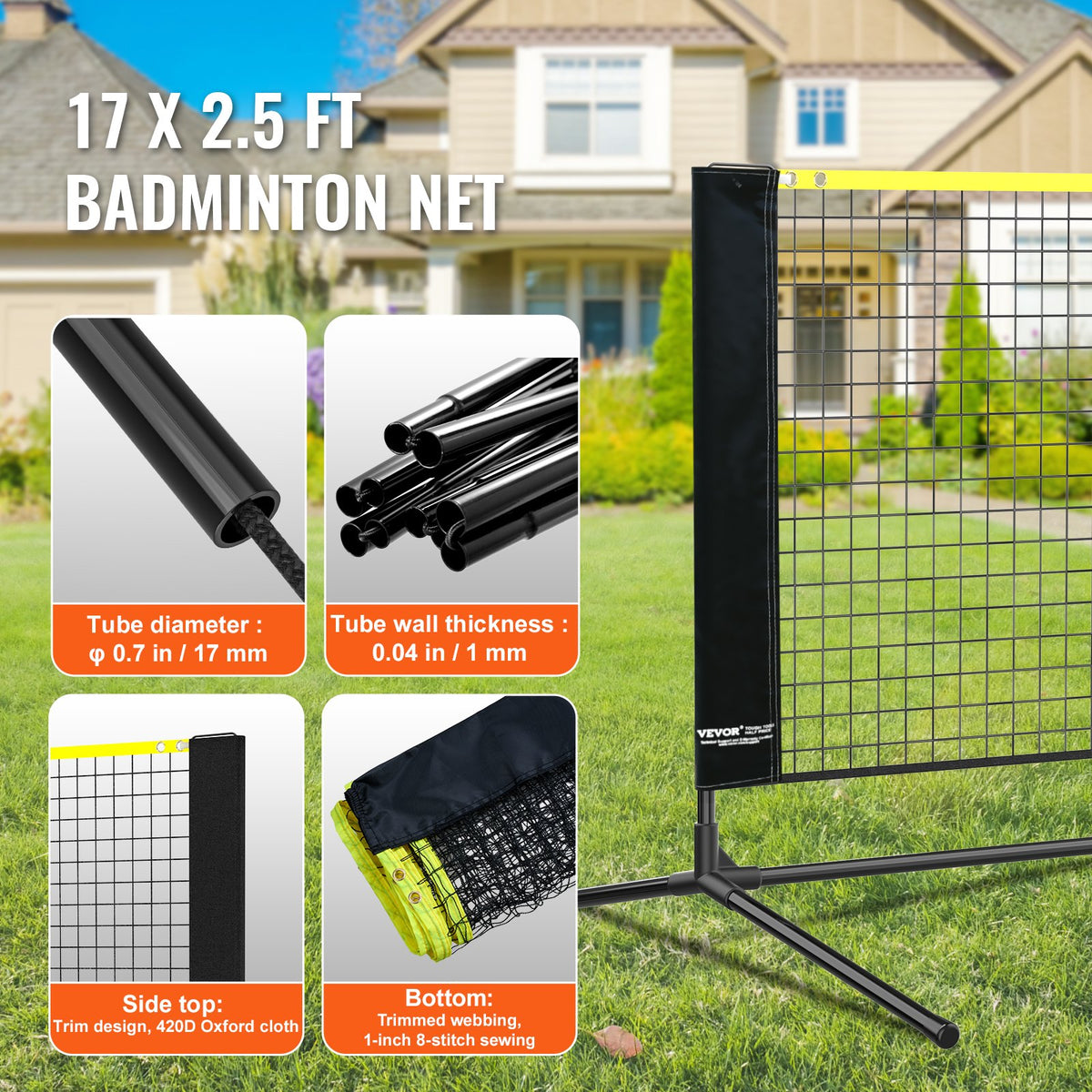 Badminton Net, Height Adjustable Volleyball Net, 17ft Wide Foldable Pickleball Net, Portable Easy Setup Tennis Net Set with Poles, Stand and Carry Bag, for Kids Backyard Game Indoor Outdoor Use