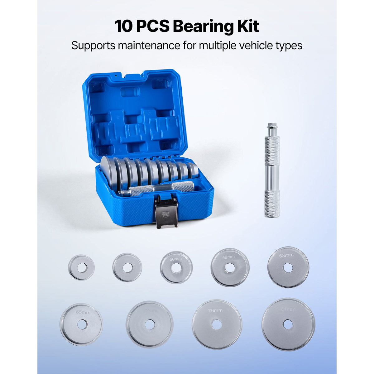 Bearing Press Kit, 10 Pcs, Bearing Race and Seal Driver Set with 9 Bushings and Handle Shaft, Bushing Driver Tool Set, Heavy Duty Aluminum Alloy Removal Installation Tool Kit with Storage Case