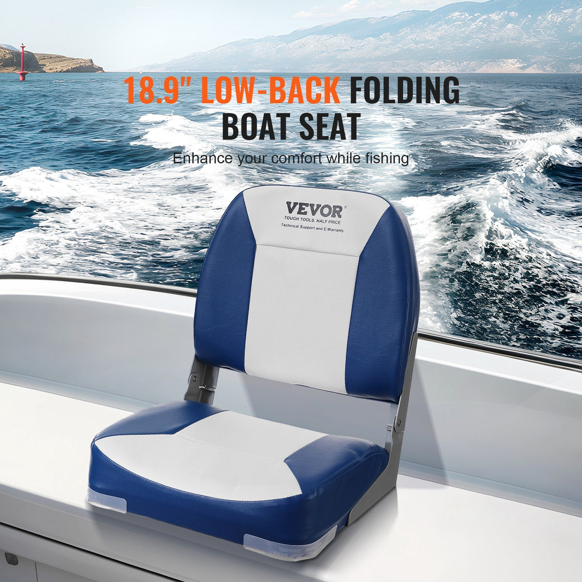 Boat Seat, 480 mm Low Back Boat Seat, Folding Boat Chair with Thickened Sponge Padding and Hinge, Fold-Down Boat Captain Chair for Fishing Boat, Sightseeing Boat, Speedboat, Canoe, 1-Piece