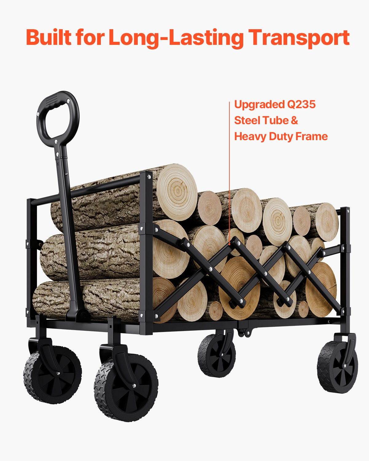 Collapsible Wagon Carts, 120L & 225LBS Folding Wagons with All-Terrain Wheels, Heavy Duty Outdoor Utility Cart with Adjustable Handle, Portable Camping Cart for Beach Grocery Garden Black