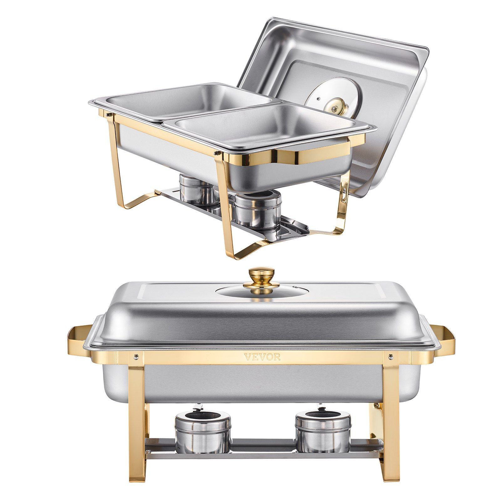 Chafing Dish Buffet Set, 4 Qt 2 Pack, Stainless Steel Chafer with 4 Half Size Pans, Rectangle Catering Warmer Server with Glass Lid Water Pan Folding Stand Fuel Holder, for Wedding Party Banquet