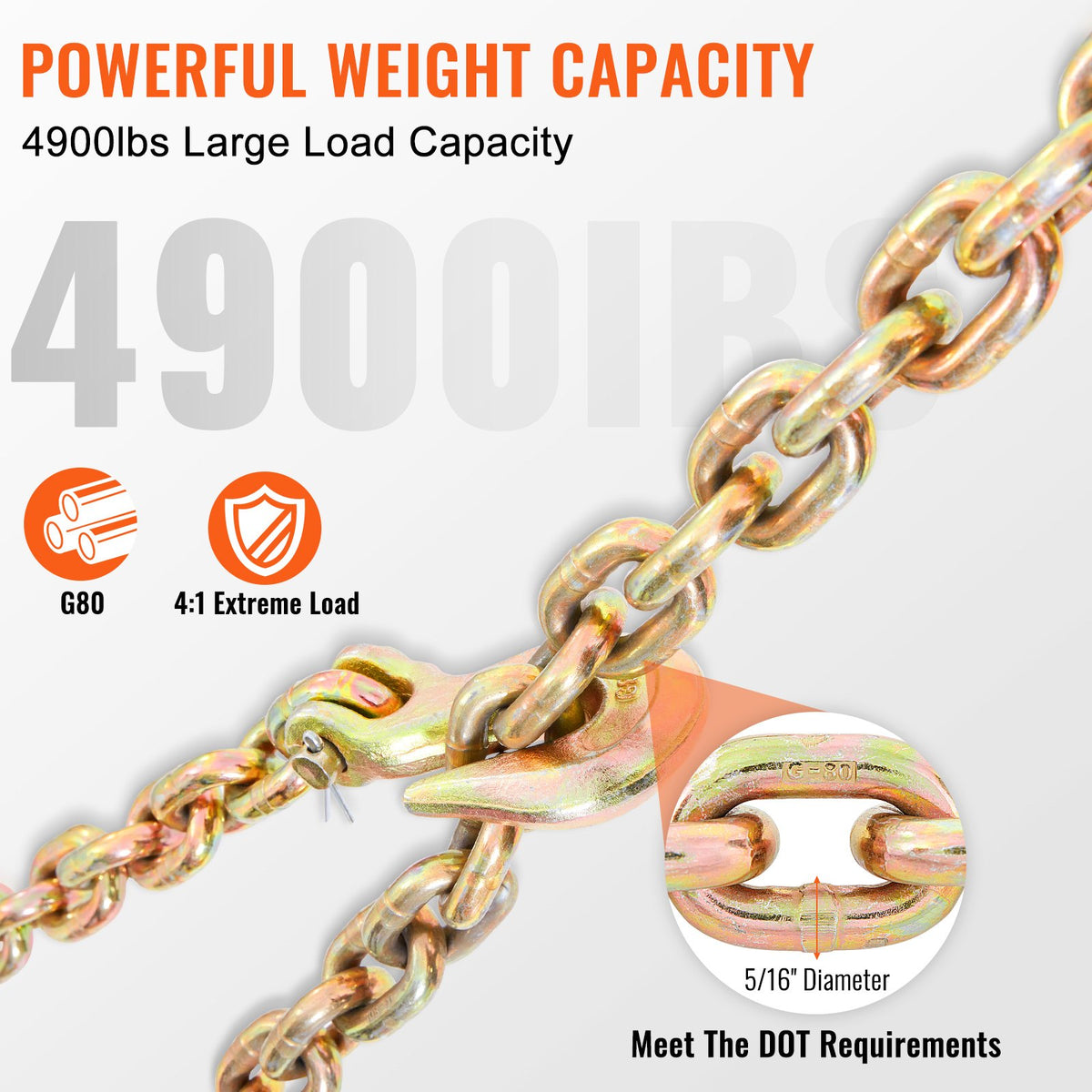 Transport Binder Chain, 2222 kg Working Load Limit, G80 Tow Chain Tie Down with Grab Hooks, DOT Certified, Galvanized Coating Manganese Steel for Dock Factory Construction Site