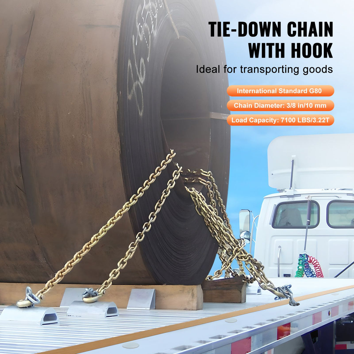 G80 Transport Binder Chain, 10 mm x 316 cm Tow Chain with Clevis Grab Hooks, 3.22T Safe Working Load, Heavy Duty Trailer Logging Chain for Transporting Towing Truck Tie Down Binding Equipment