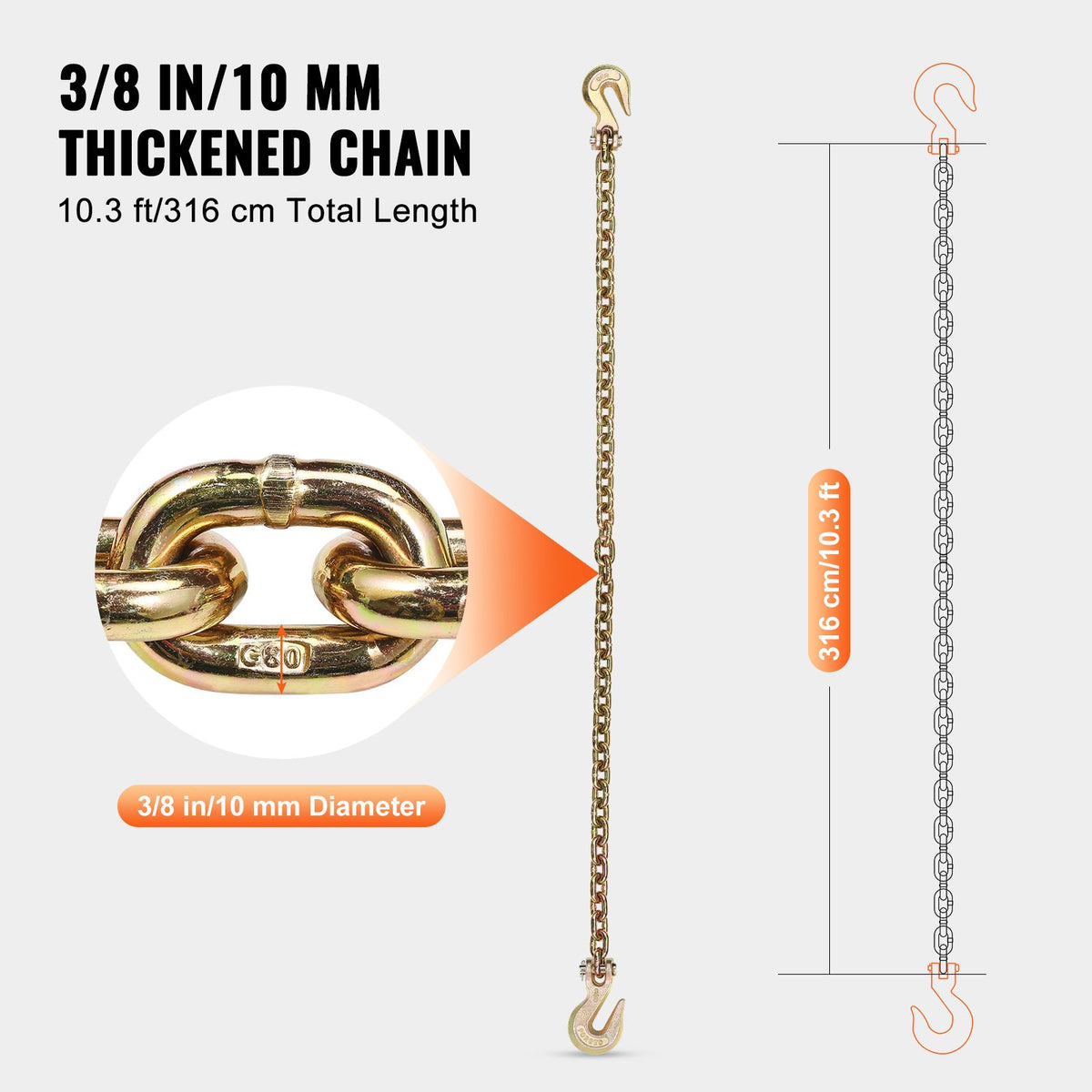 G80 Transport Binder Chain, 10 mm x 316 cm Tow Chain with Clevis Grab Hooks, 3.22T Safe Working Load, Heavy Duty Trailer Logging Chain for Transporting Towing Truck Tie Down Binding Equipment