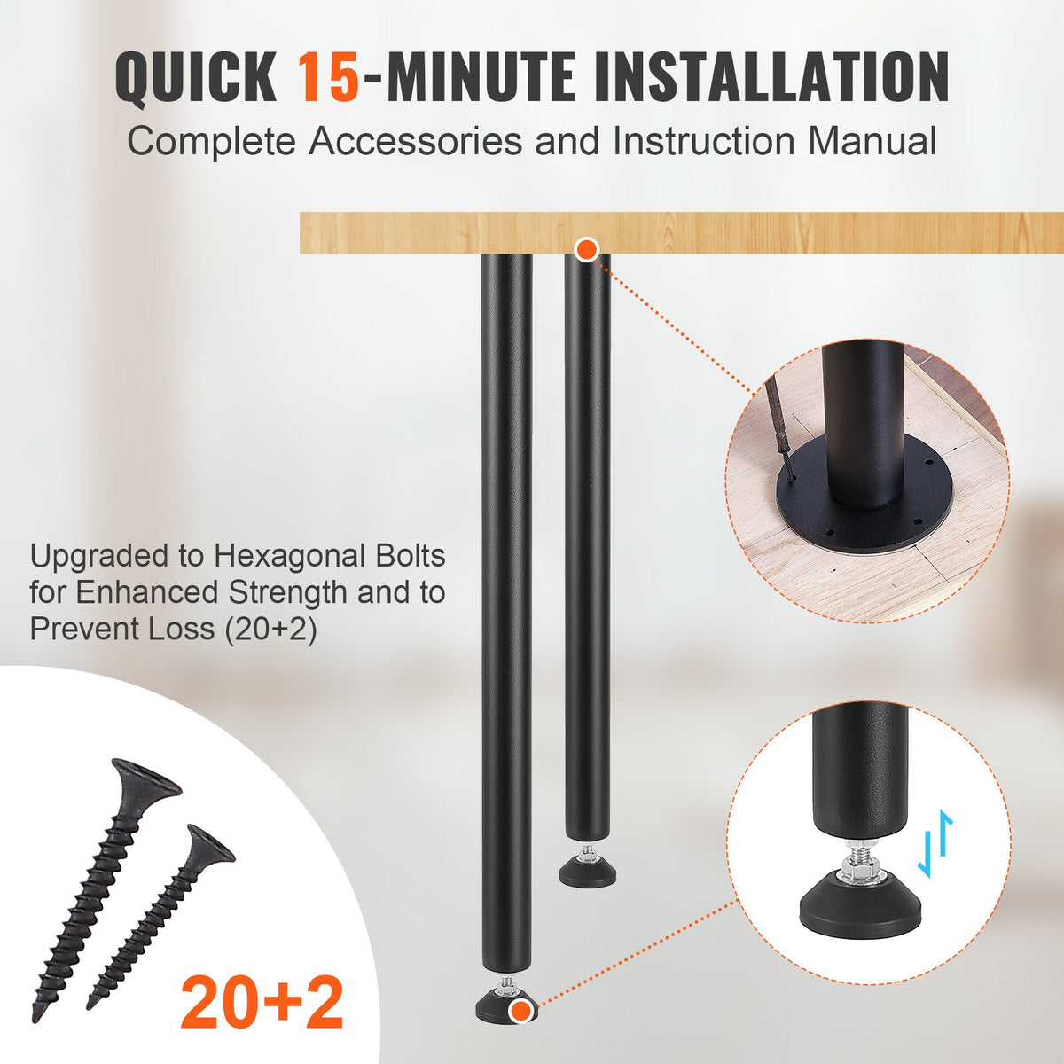 711.2MM Adjustable Desk Legs, Reinforced Steel Office Table Furniture legs Set of 4 for DIY, 544.3KG Load Capacity Heavy Duty Desk Legs, Quick Instalation Legs with Adjustable Foot Cup Black