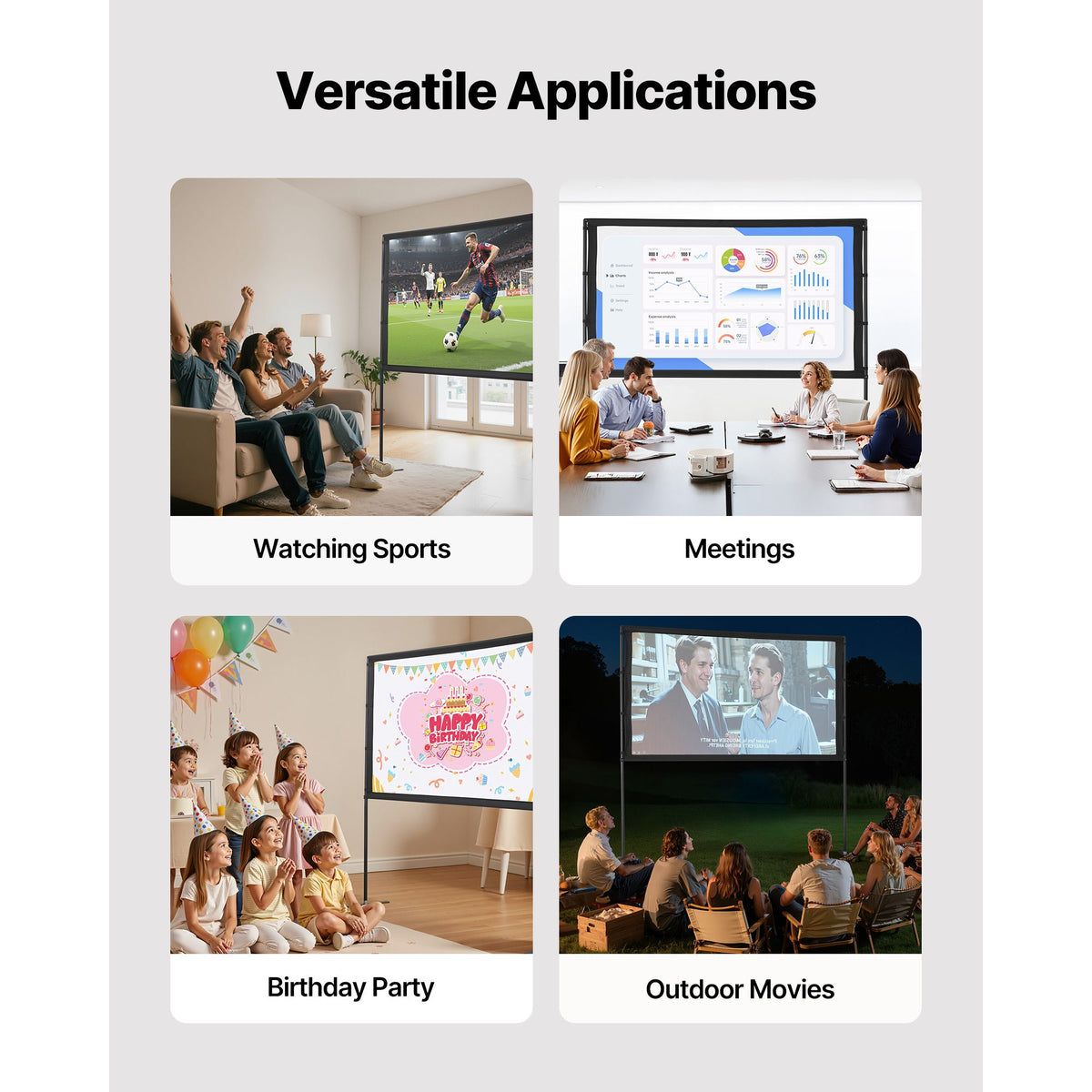 Projector Screen with Stand, 80 Inch 160° Wide Angle Indoor Outdoor Projection Screen, 16:9 4K HD Wrinkleless Portable Dual-Stand Screens with Carry Bag, for Movie Home Theater Presentation